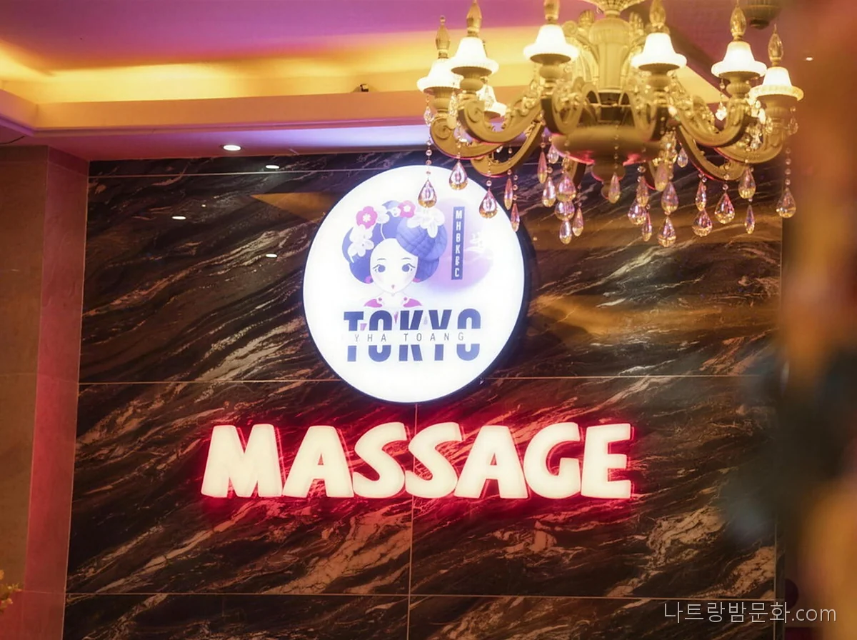 나트랑 도쿄 마사지 접수대 뒤 로고 간판과 MASSAGE 네온 글자